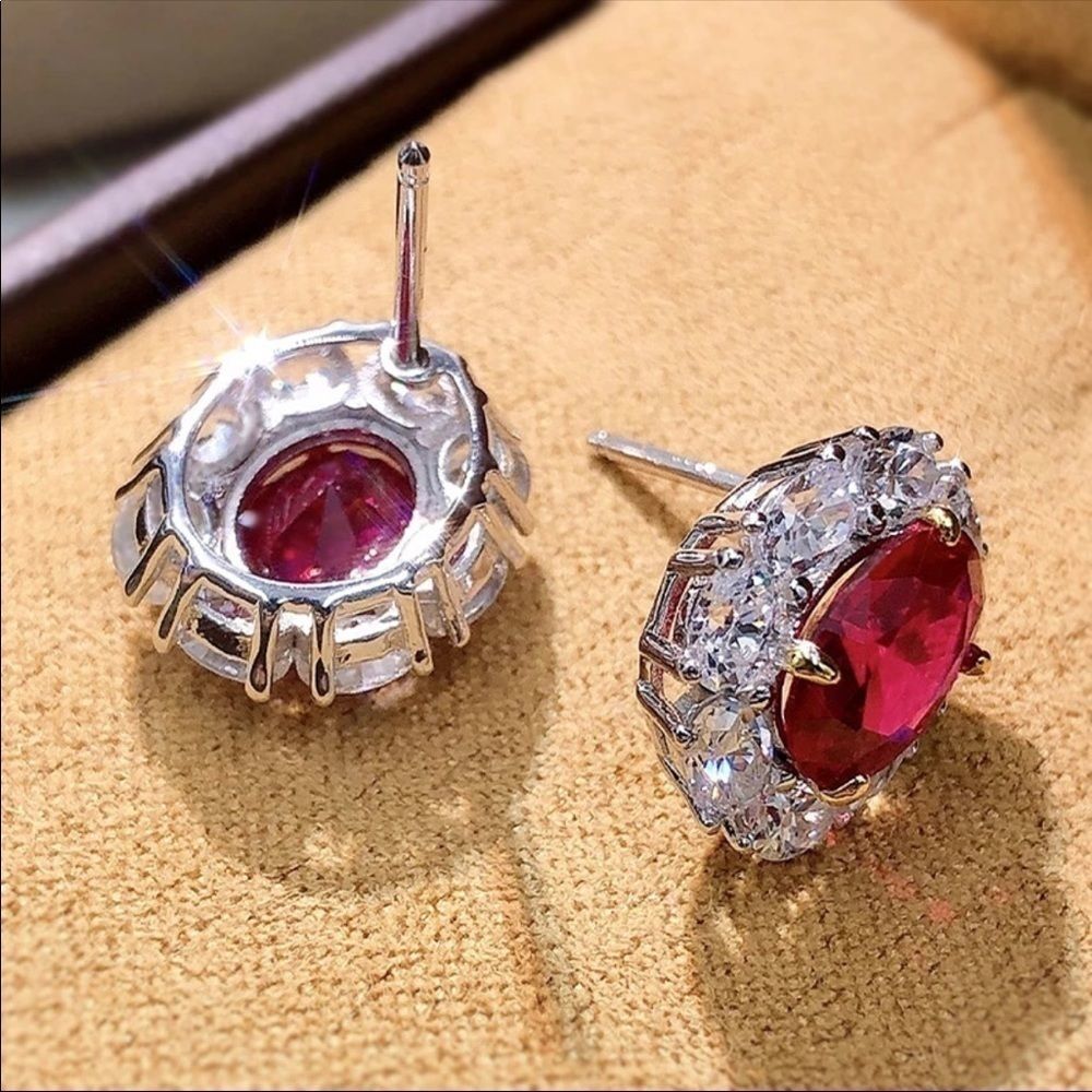 Ruby halo white sapphire‎ earrings - Picture 6 of 10